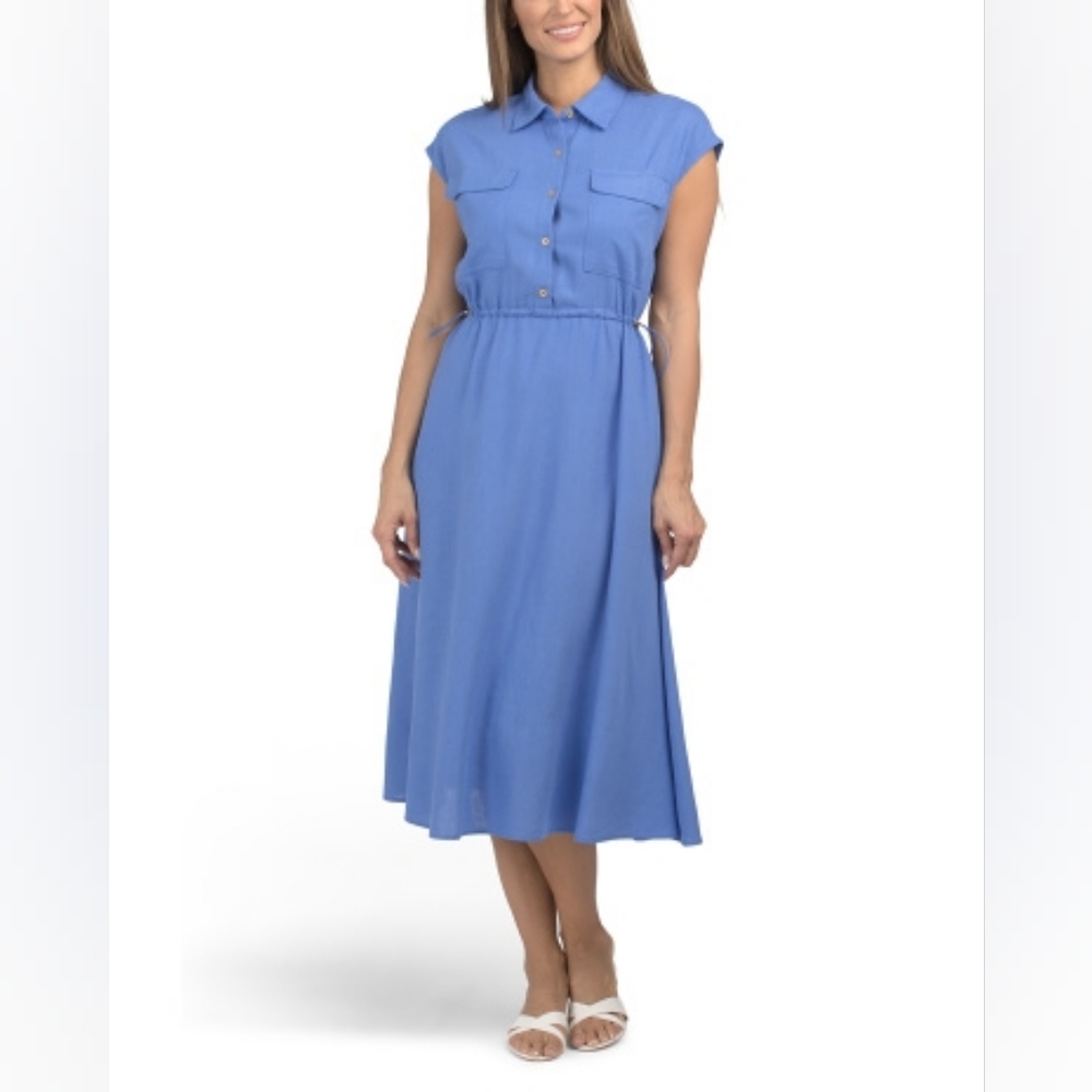 NWT - Ellen Tracy Linen Blend Cap Sleeve Button Front Azure Midi Dress - Size L